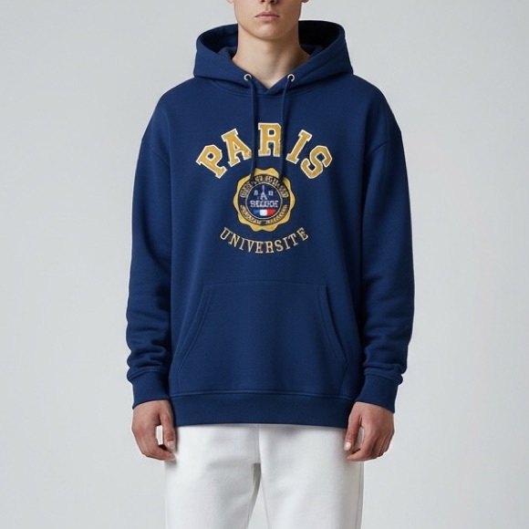 paris glam Other - Paris Université Blue Embroidered Graphic Hoodie Streetwear loungewear sporty